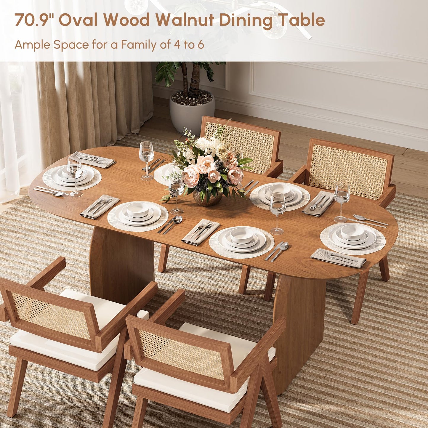 homary Japandi Oval Dining Table for 6, 70.9" Solid Pine Wood Kitchen Table, Modern Mid Century Minimalist Kitchen & Dining Room Table, Double Pedestal Base, Walnut