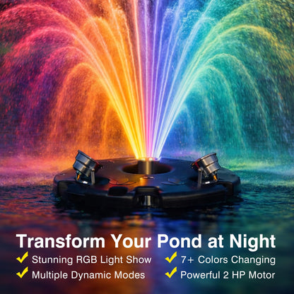 2HP Pond Fountain Aerator with 3 RGB LED Lights, 120V 30000 GPH Floating Water Pump, Automatic Aerating Pump for Large Ponds, Lakes, and Outdoor Water Features, with Controller, APP & Remote Control
