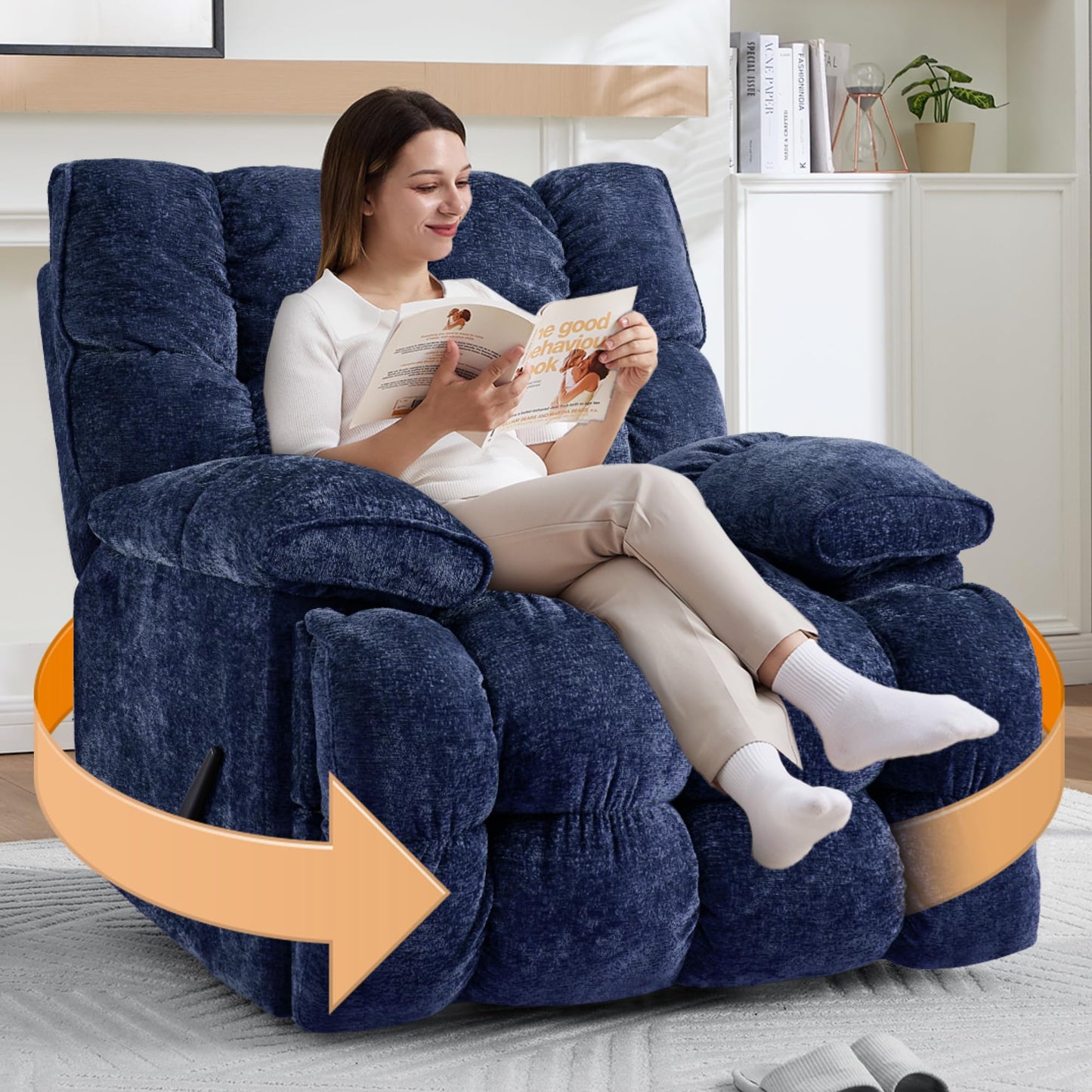 GARTMILAN Oversized Manual Recliner Chair with 360° Swivel, Big and Tall Rocker Glider for Nursery Living Room, Chenille Overstuffed Reclining Sofa with Handle, 375lbs (Blue, Manual)