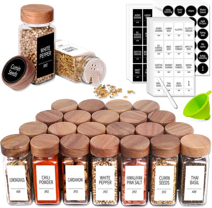 24 547 4 Oz Churboro Spice Jars with Labels - Glass Spice Jars with Shaker Lids - Square Spice Containers with Acacia