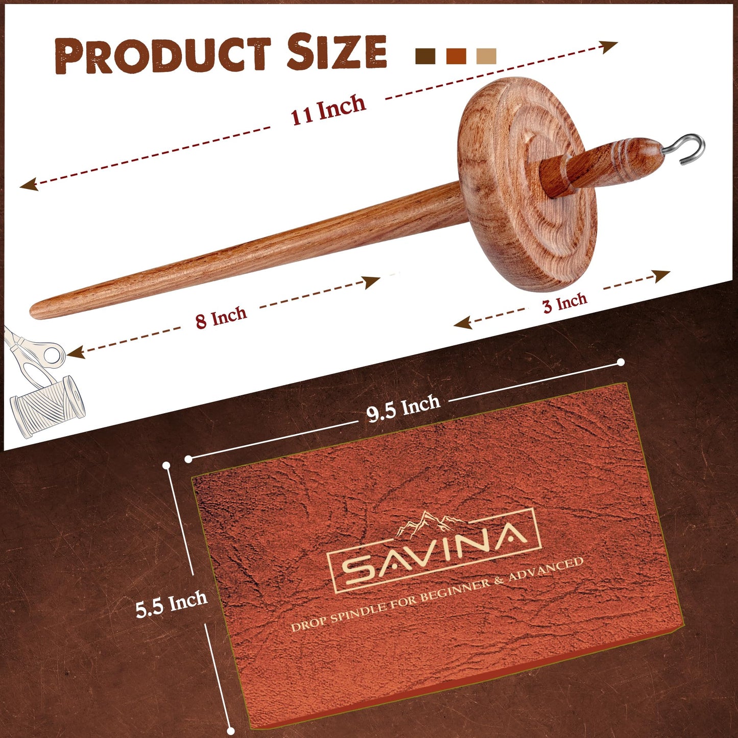 Savina Wooden Hardwood Drop Spindle Top Whorl Yarn Spinner Wheel for Beginners & Advanced,Hand Spinning, Spin Roving into Yarn - Ideal for Sewing Projects
