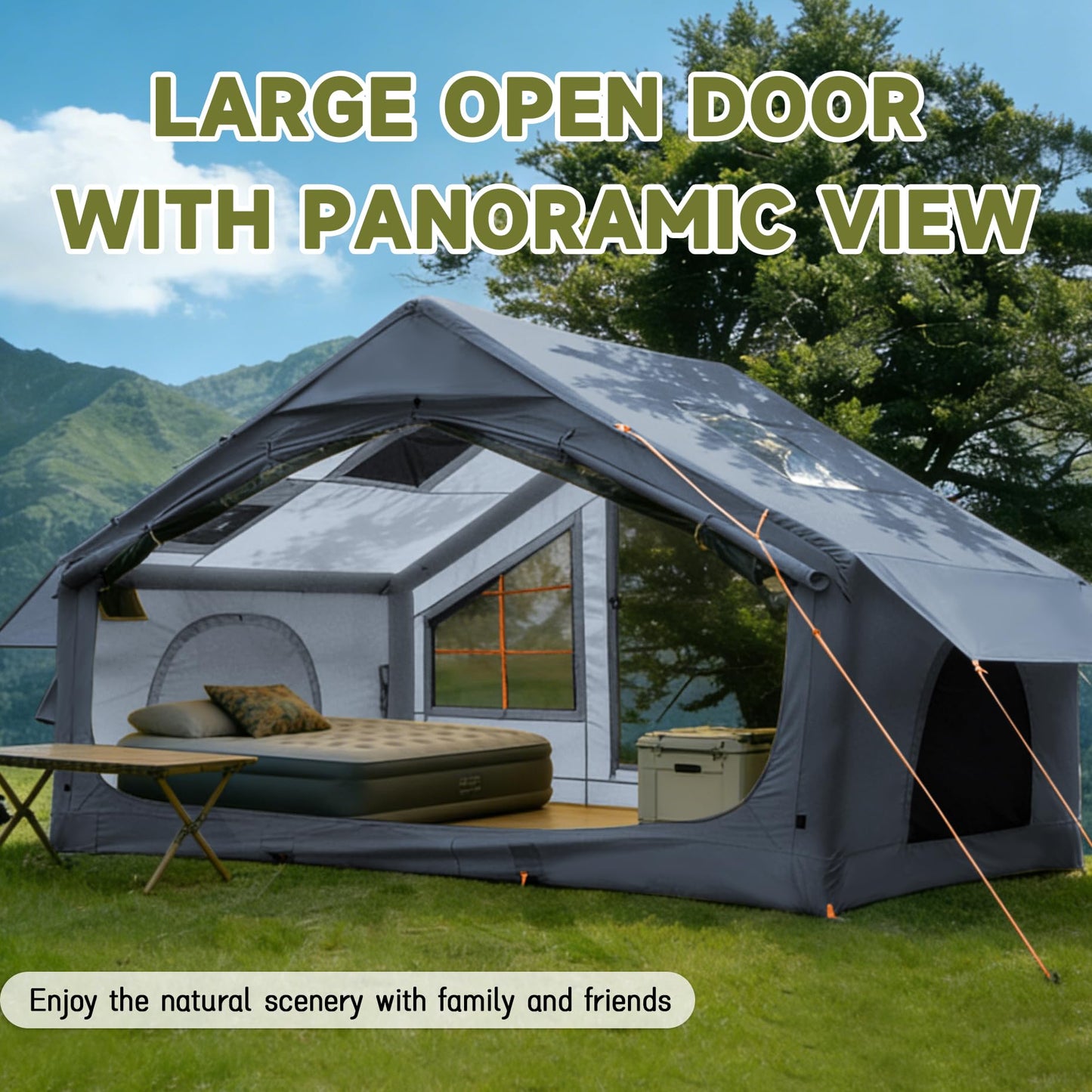 AORZCOR Inflatable Camping Tent with Stove Jack, 2-4 Person, Glamping Tents House, Easy Setup Tent for 4 Seasons, Waterproof Inflatable Hot Tent (Grey)