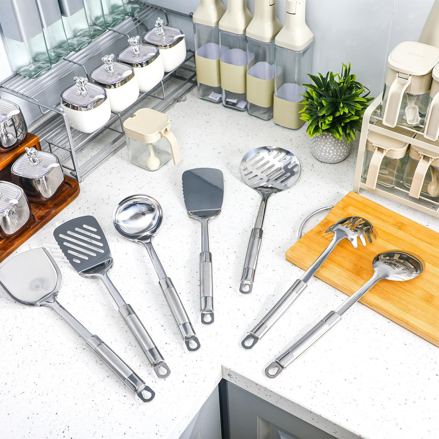LemonRoad 9 Pcs 18/0 Stainless Steel Cooking Utensils Set Metal Kitchen Utensil Set with Holder, Dishwasher Safe, Adult Home Cooking Housewarming Daily Use