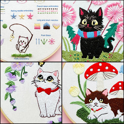 CHIYOSING Embroidery Kit for Beginners Adults, 4 Cat Pattern to Learn Over 30 Different Stitches,Includes Step-By-Step Instructions,Sharp Scissors and 2 Exquisite Hairpins and Multiple Accessories.