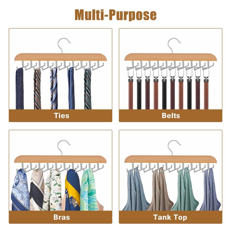 Cycleacc Tie Rack Hanger for Closet, 2 in 1 Belt Tie Hangers with 20 Folding Hooks, 360 Degree Rotating Wooden Tie Holder Organizer for Men Ties Belts Scarves Tank Tops Accessories, Wood (1 Pack)
