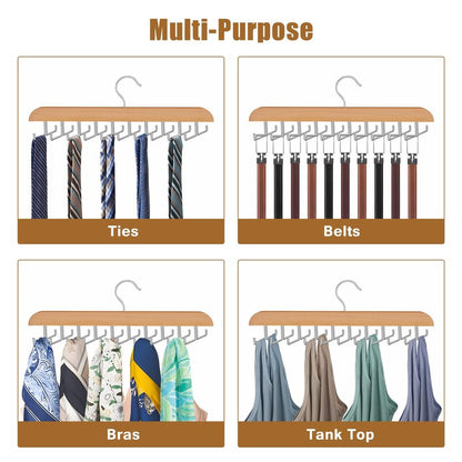 Cycleacc Tie Rack Hanger for Closet, 2 in 1 Belt Tie Hangers with 20 Folding Hooks, 360 Degree Rotating Wooden Tie Holder Organizer for Men Ties Belts Scarves Tank Tops Accessories, Wood (1 Pack)