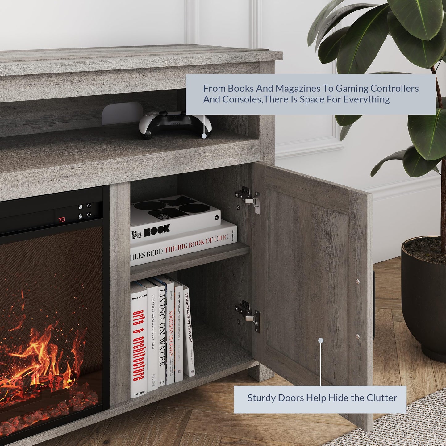 BELLEZE 58" Farmhouse Fireplace TV Stand for TVs up to 65", 23" Electric Fireplace Heater with Sound, Entertainment Center Media Console Table Barn Door Storage Cabinets for Living Room -Gray