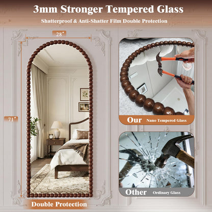 FlyEcho Arched Full Length Mirror, 71"x28" Antique Beaded Full Body Mirrors, Large Floor Mirror with Stand, Hanging Mounted for Bedroom Living Room Cloakroom Hallway Decor, PU Frame, Brown