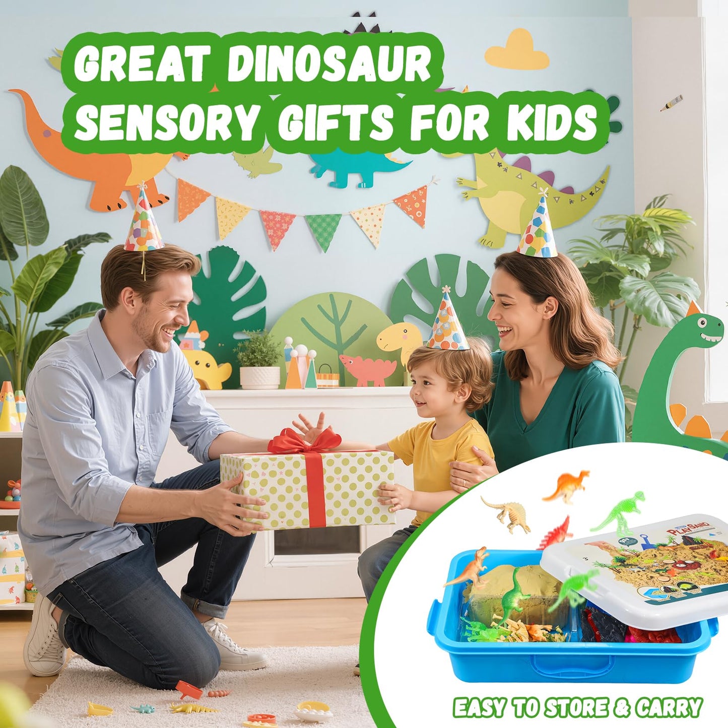 Pakimio Dinosaur Sensory Bin with Lid, 2.64lbs Magic Sand, Dino Figures, Skeletons & Archaeology Tools, Sensory Sand Kit Dinosaur Toys for Kids 3 4 5 6 7+ Year Old Boy Toddler Birthday Gift Christmas