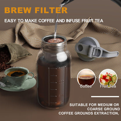 JunVpic Cold Brew Coffee Maker Jar - 64oz Wide Mouth,LeakProof,Heavy Duty Glass Mason Pitcher with Spout Lid,Handle & Stainless Steel Filter for Iced Coffee,Lemonade,Ice Tea & Fruit Drinks
