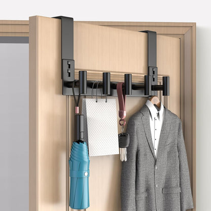 PMMASTO Over The Door Hooks - Coat Rack Organizer & Towel Holder for Bathroom | Black 5 T-Hooks, Fits 1-3/4" Thick Door