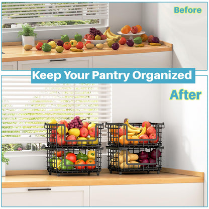 2 Pack Stackable Metal Wire Vegetable Fruit Basket for Kitchen Counter Cabinet, Pantry Organizers and Storage Basket, Food Can Snack Onion Potato Bread Storage Shelf Freezer Organizer Bins Containers