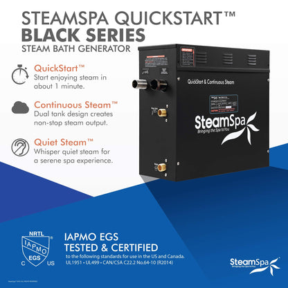 SteamSpa Generator with Quick Start Continuous Steam Technology, Wi-Fi, Bluetooth and Autodrain | 15kW Steam Generator with Black Steam Head with Aromatherapy Reservoir | RVB1500BK-A