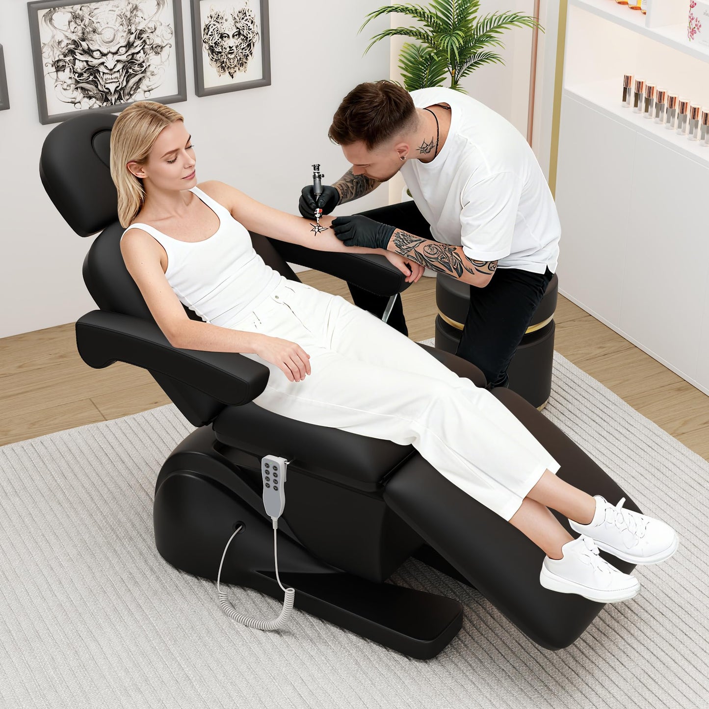 Dolonm 3 Motor Electric Chair, Hand Remote Controlled Adjustable, Hydraulic System for Medical Treatment Exam, Facial, Spa, Eyelash, Tattoo, Podiatry Treatment Beauty Massage - Black