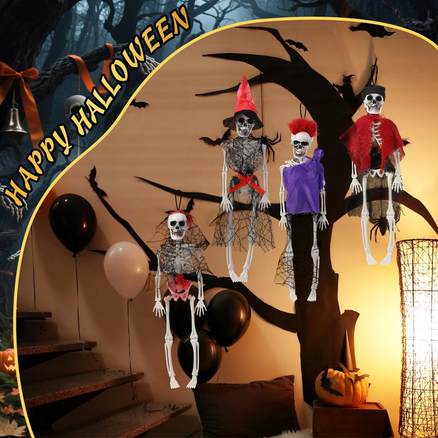 Poen 4 Pack 16" Halloween Hanging Skeleton Decorations Small Full Body Posable Skeletons with Movable Joints Plastic Mini Spooky Decor for Halloween Party Haunted House Lawn Graveyard Props(Pirate)