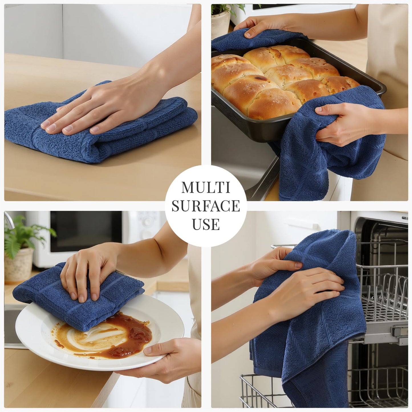 Homaxy Premium Kitchen Towels 18"x28", 6 Pack Large Cotton 380 GSM Dish Towels, Soft and Absorbent Kitchen Hand Towels with Terry Grid Design, Utility Tea Towel Set with Hanging Loop, Navy Blue