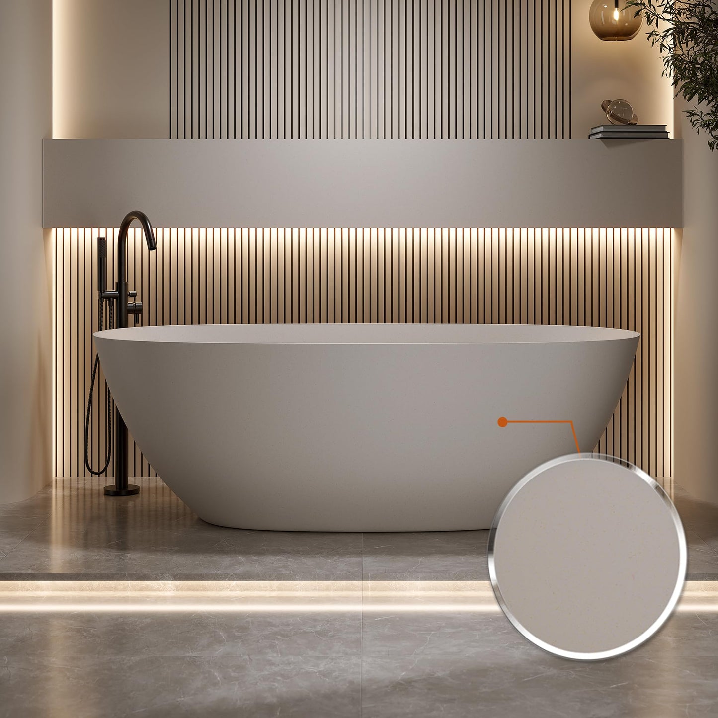 KEIKI 69" Freestanding Bathtub, Resin Stone Soaking Bathtub Solid Surface Modern Tubs with Overflow and Pop-up Drain, Beige