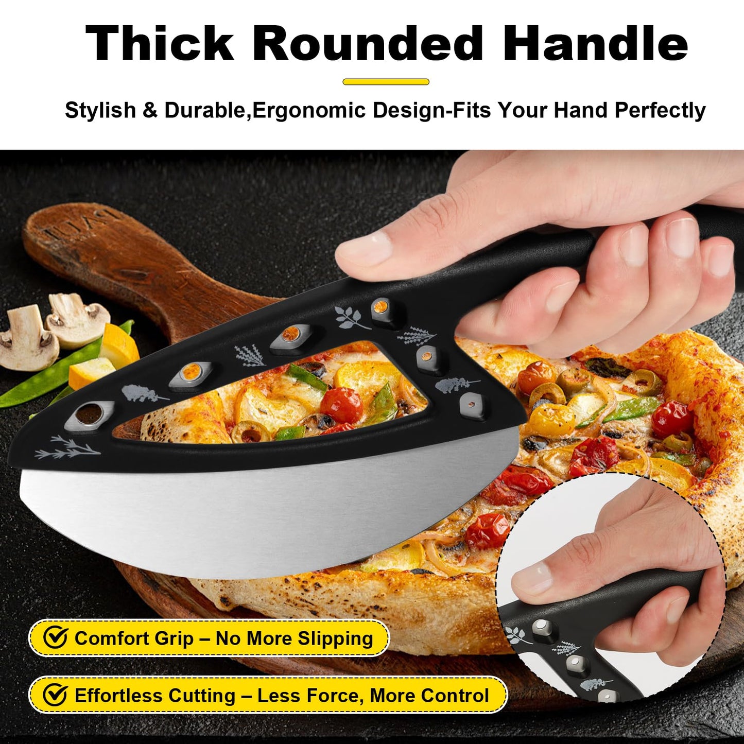 2-in-1 Pizza Cutter Rocker Blade with Herb Stripper Holes, Sharp Stainless Steel Pizza Knife with Protective Cover, Dishwasher Safe,Herb Stripping Tool for Basil,Rosemary
