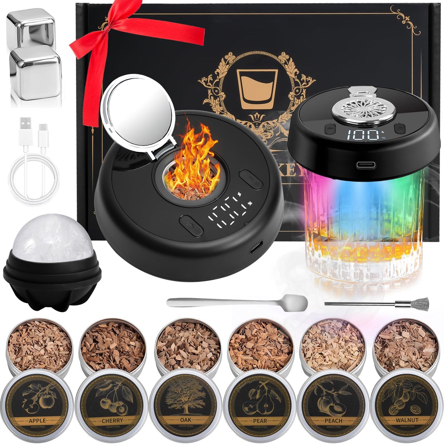 Audoyon Electric Whiskey Smoker Kit with 7-Color Lights, 6 Flavors Wood Chips Cocktail Shaker with Sphere Ice Mold & Stainless Steel Ice Cubes, Old Fashioned Smoker for Father's Day, Gifts for Him