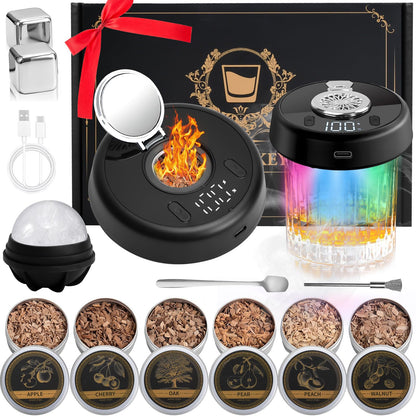 Audoyon Electric Whiskey Smoker Kit with 7-Color Lights, 6 Flavors Wood Chips Cocktail Shaker with Sphere Ice Mold & Stainless Steel Ice Cubes, Old Fashioned Smoker for Father's Day, Gifts for Him