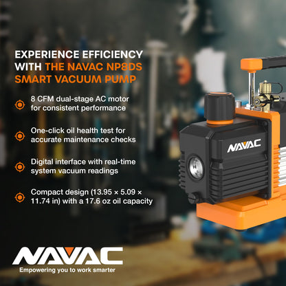 NAVAC Smart Vacuum Pump - 8 CFM Dual-Stage AC Motor, 15 Micron, Real-Time Readings with Digital Display & Compatible NMV1S Bluetooth Gauge, Compact HVAC Pump, Vacuum Gauge Not Included, 28.6 lbs