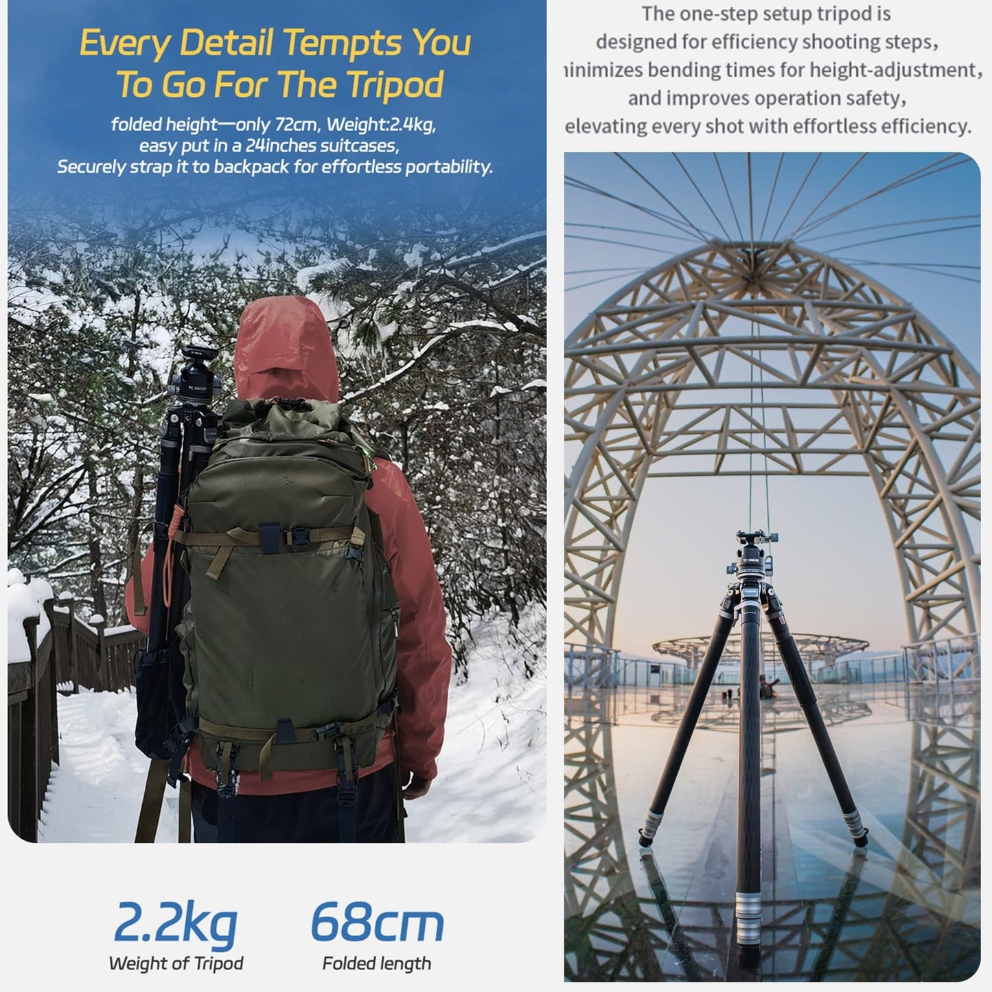 YC Onion Tako T23 Carbon Fiber Tripod with 44mm Ball Head, 3/8" Top Thread, 360° Rotation, 3 Leg Sections, One Flip Quick Release, Travel Tripod Stand for DSLR Cameras,Camcorders (Max Load 22lb)