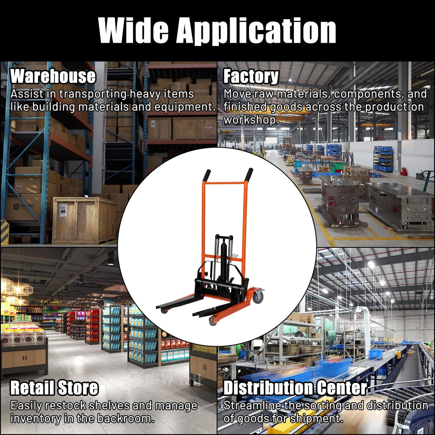 Reykilor Hydraulic Material Lift Winch Stacker w/Wheels, Foldable Forklift Pallet Stakcer, Heavy Duty Rolling Manual Lift Table, Adjustable Pallet Truck Carrier Dolly Fork Lift for Warehouse Garage