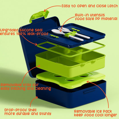 Fimibuke Chill Bento Box for Kids Adult, Leak Proof Toddler Lunch Box with Ice Pack Keep Food Cold, BPA Free 4 Compartment Lunch Container with Utensils for Girl Boy School, Microwave Dishwasher Safe