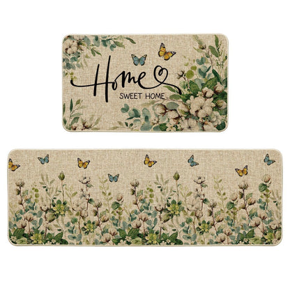 Artoid Mode Cotton Plant Leaf Butterfly Home Spring Kitchen Mats Set of 2, Home Decor Low-Profile Kitchen Rugs for Floor - 17x29 and 17x47 Inch