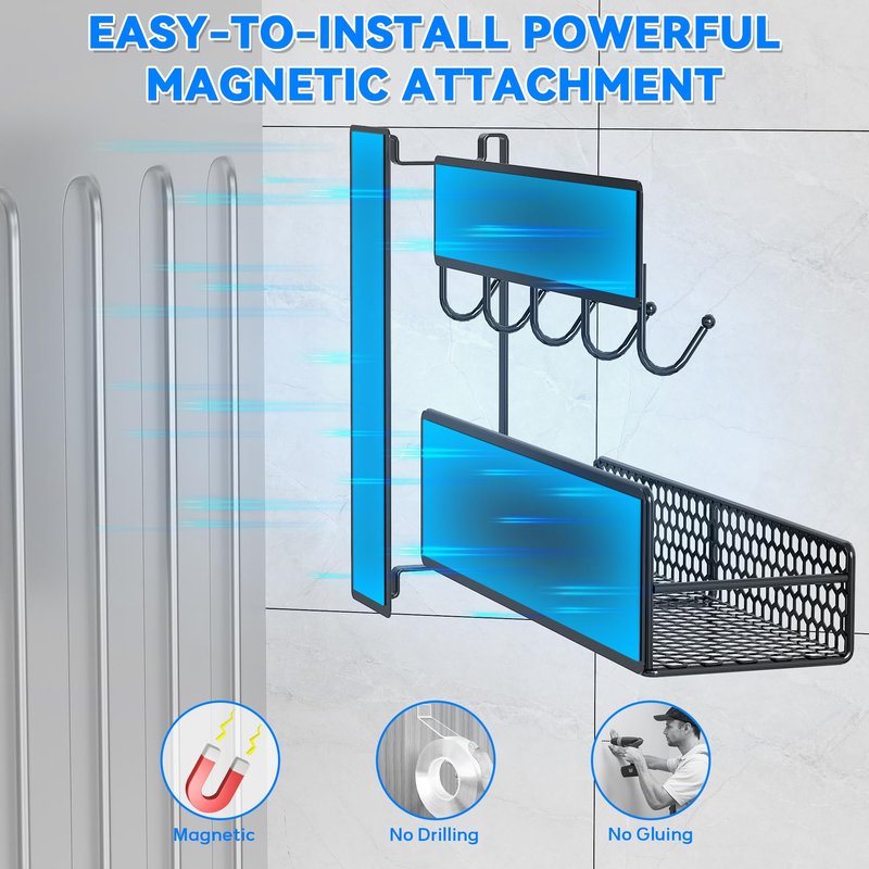 JulktLli 5 Pack Multifunctional Magnetic Shelves for Washing Machine & Refrigerator - Heavy Duty Laundry Room Organization System with Tool Hooks, Metal Storage Baskets (Black)