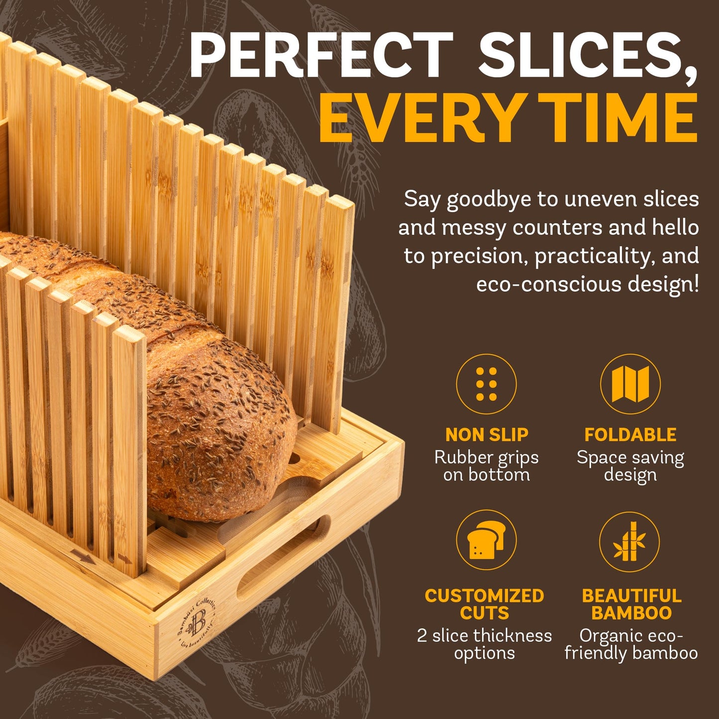 Bread Slicer for Homemade Bread - Bambüsi Upgraded Adjustable Bamboo Bread Cutter Board, Foldable Slicing Guide with Crumb Tray for Sourdough, Artisan Loaves, Bagels, Cakes, Bakery Kitchen Gadget Gift