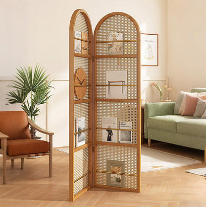 Rattan Room Divider Portable Partition with Built-in Bookshelf, 67" Foldable Privacy Screen for Room Separation, Home Office, Bedroom, 2 Panel Design