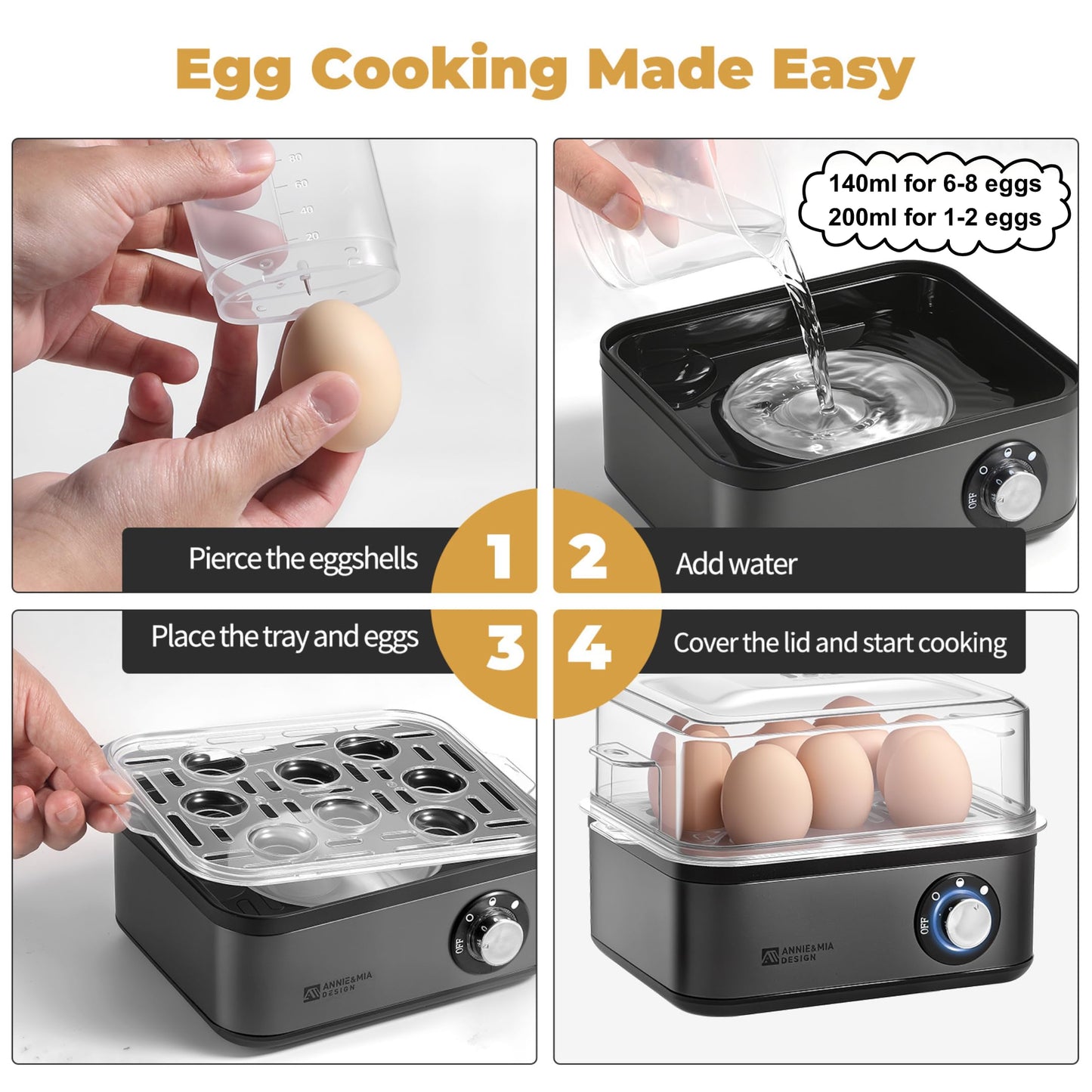 Annie & Mia Design Stainless Steel Electric Rapid Egg Cooker, 8 Egg Capacity 500W, Soft/Medium/Hard Boiled Egg Boiler Poacher Steamer Omelet Maker, Knob Auto Shut-Off, with Recipe Guide Book (Black)