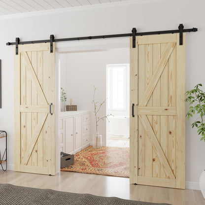 SMARTSTANDARD 34x84 inch Double Barn Door with 12ft Sliding Barn Door Hardware Kit Included, Unfinished Solid Spruce Wood, A Simple Assembly is Required, DIY Support