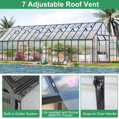 CDCASA 10x32 FT Greenhouse for Outdoors,Large Easy Assembly Thicker Aluminum Polycarbonate Greenhouses w/7 Windows, Double Doors, Walk-in Green House for Outside,Patio,Backyard,Garden