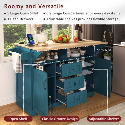 Ball & Cast Large Green Rectangular Kitchen Island with 2 Drop Leaf, 3 Drawers, 2 Doors, Folding Storage Dining Table, Spice & Towel Rack, Power Outlet & USB Port, 5 Wheels, 55.7"W x 34"D x 36.5"H