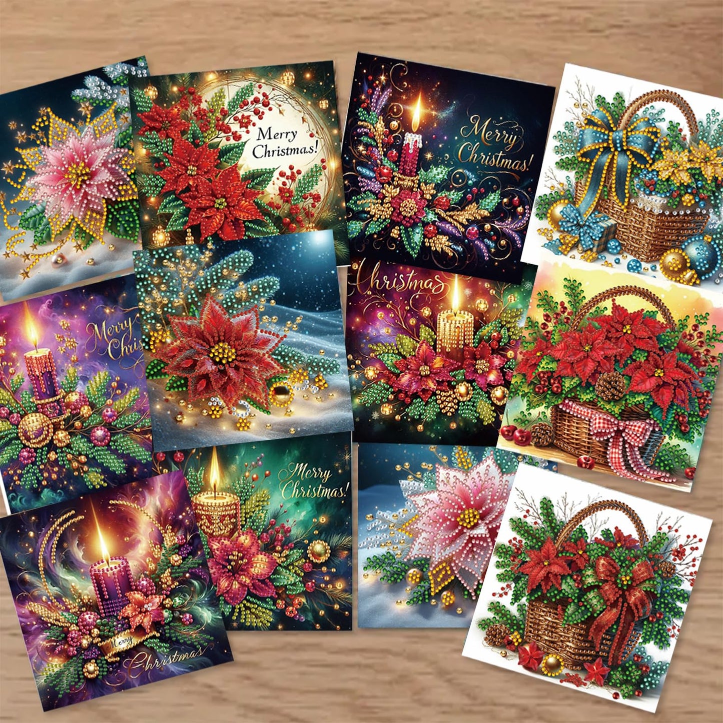 C'eitura 12 Pack Poinsettia Diamond Art Greeting Cards with Envelopes - 5D DIY Diamond Painting Card Kit for Christmas, Birthday, Mother's Day - Handmade All Occasion Stationery Gifts for Adults Beginner