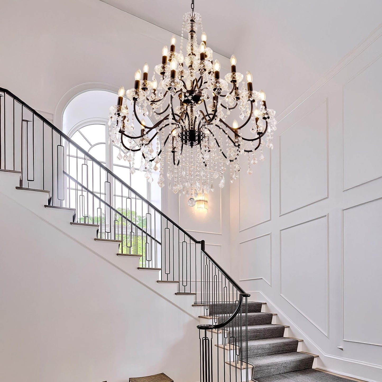 Wellmet Black Chandelier Light Fixture, Luxury Maria Theresa Crystal Chandeliers for High Ceiling Foyer, 24 Lights Hanging Pendant Light for Living Room EntryWay Hall Staircase Large 35.66" (Black)
