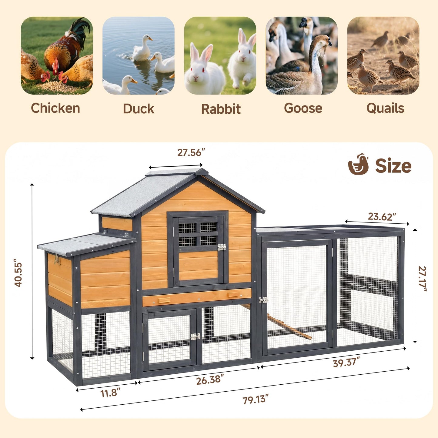 WHEGETED Large Chicken Coop Outdoor Durable Duck House Poultry Pet Hutch & 2 Wood Eggs Run Cage Nesting Box Waterproof Asphalt Roof Ramp Removable Tray Wire Fence for Backyard Small Animal 79" Orange