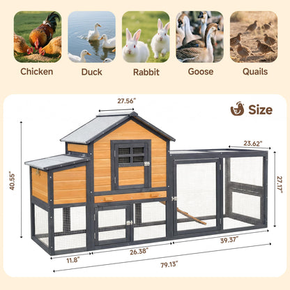 WHEGETED Large Chicken Coop Outdoor Durable Duck House Poultry Pet Hutch & 2 Wood Eggs Run Cage Nesting Box Waterproof Asphalt Roof Ramp Removable Tray Wire Fence for Backyard Small Animal 79" Orange