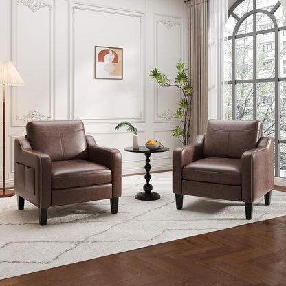 MALOL PU Leather Accent Chair Set of 2, Mid-Century Modern Living Room Armchair Sofa with Removable Cushions & Stitched Armrest Design, Bedroom Chair with Plastic Legs, Chocolate Brown