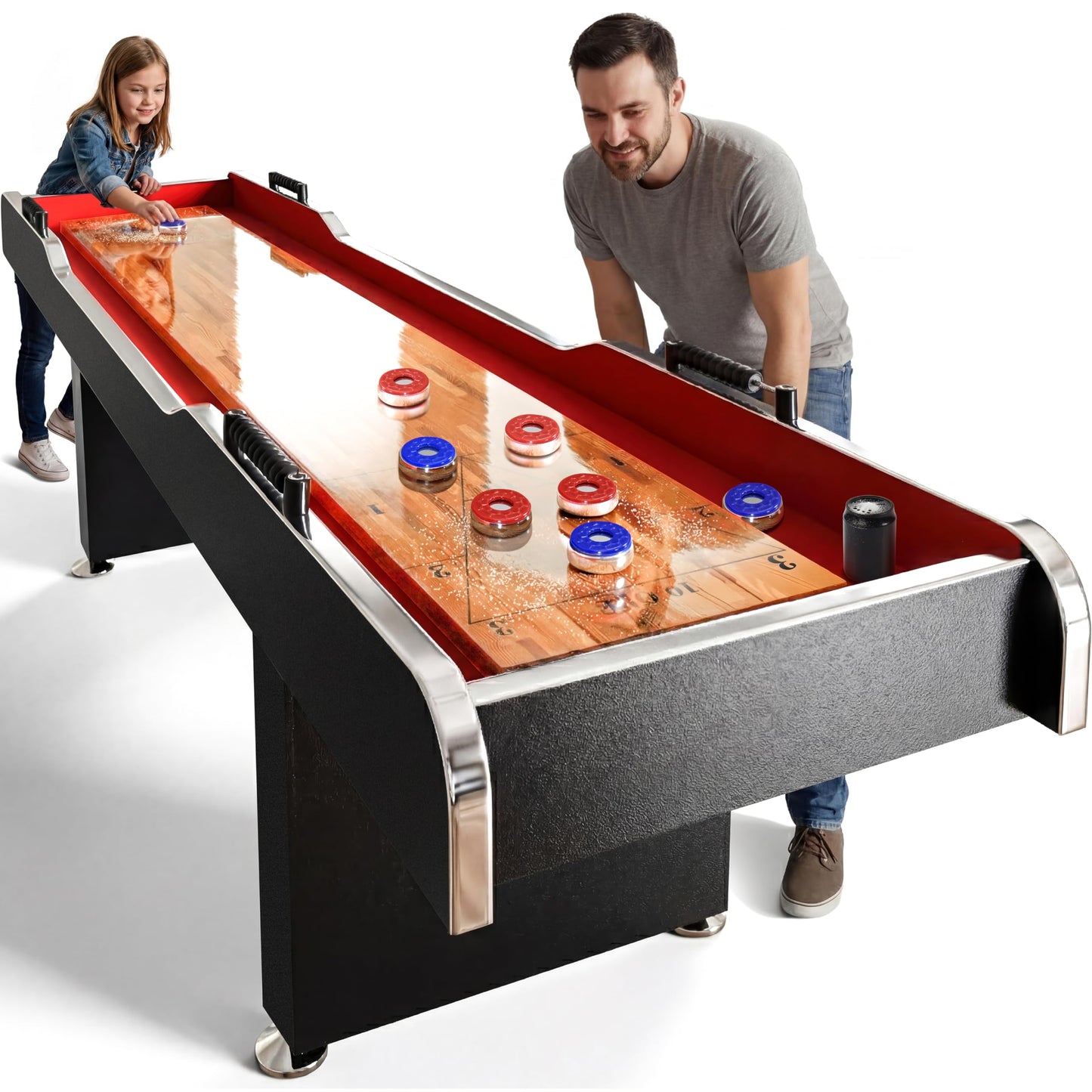 Shuffleboard Table, 9ft Poly Coated Surface, with Accessories, Abacus Style Scoring, Fast Puck Action Play, Indoor and Outdoor Portable Arcade Shuffle Board Game Table for Kids and Adults