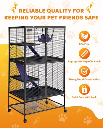 Garvee Metal Small Animal Cage,64 in H Ferret Cage for Small Animals - 4 Tier Large Hamster Cage with Removable Ramp, Hammock, Extra Storage Stand,Removable Tray for Ferret, Chinchilla, Hamster