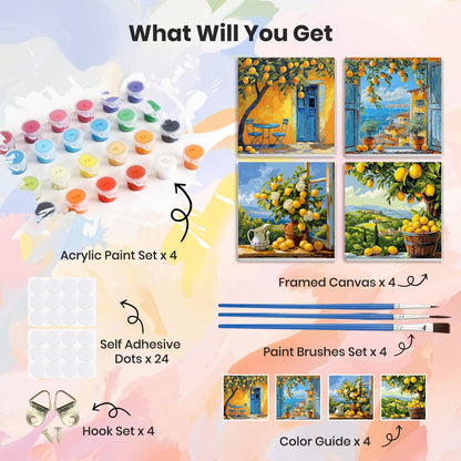 HEIBAGO 4 Pack Framed Paint by Numbers Kit for Adults Beginner, Adult Paint by Number Kits Lemon Tree, DIY Paint by Numbers for Adults,Small Easy Acrylic Oil Painting for Wall Decor 8x8 Inch