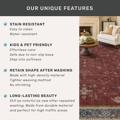 Skiennix Dark Red Hallway Runner Rug - 10ft Washable Non-Slip Indoor Mat | Soft Low Pile Boho Floral Design