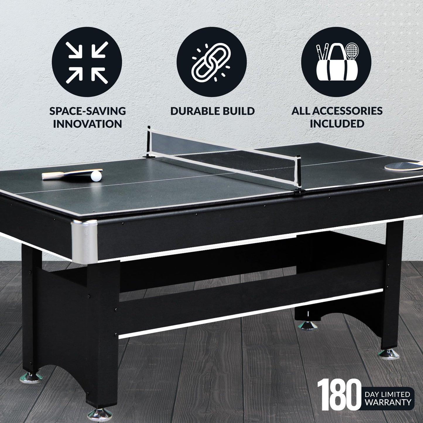 Hathaway Spartan 2-in-1 6ft Pool Table with Ping Pong Top for Game Room – with Red Felt, Engineered Wood Frame, Drop Pockets, Cues, Balls, Triangle, Chalk, Net, Paddles, Balls – Black Finish