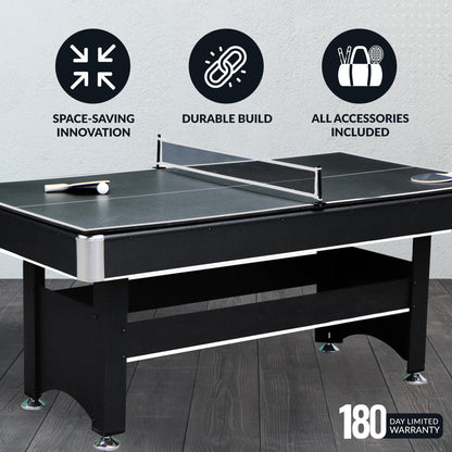 Hathaway Spartan 2-in-1 6ft Pool Table with Ping Pong Top for Game Room – with Red Felt, Engineered Wood Frame, Drop Pockets, Cues, Balls, Triangle, Chalk, Net, Paddles, Balls – Black Finish
