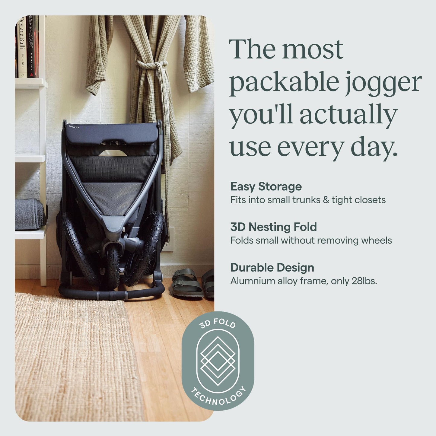 Guava Roam Jogging Stroller with 3D Nesting Fold | Compact-Folding Baby & Toddler Travel Stroller | All-Terrain Running Stroller | Portable Folding Stroller up to 60 lbs
