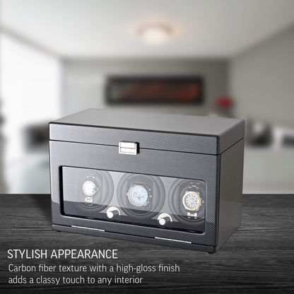 Watch Winder and Storage box for winding 3 Automatic Watches and 12 Watch Storage Space (Carbon + Black)