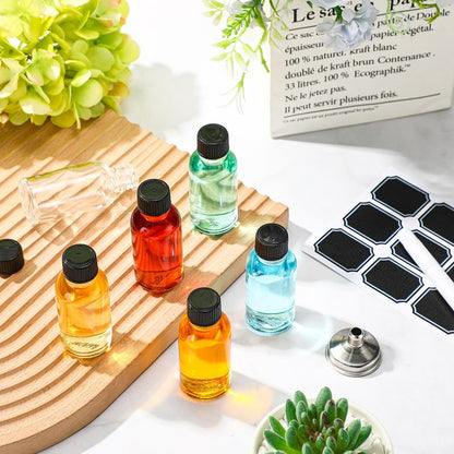 Hsei 1 oz Glass Bottle with Black Cap Clear Sample Boston Round Bottle Small Glass Containers with Lids and Funnel Chalk Labels Pen for Vanilla Extract Essential Oils(100 Pcs, 9 Sheet)
